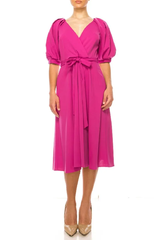 Fashionable clothing to fit every body type   Belted Puff Sleeve A Line Dress In Fuchsia