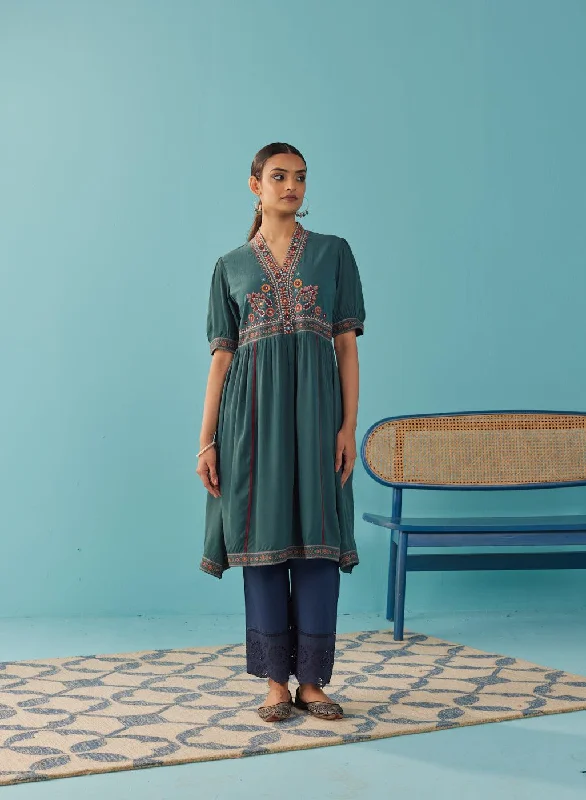 Premium quality women’s clothing at affordable prices Green A Line Dress with Puffed Sleeve and Stylized Neck Premium quality women’s clothing at affordable prices Green A Line Dress with Puffed Sleeve and Stylized Neck