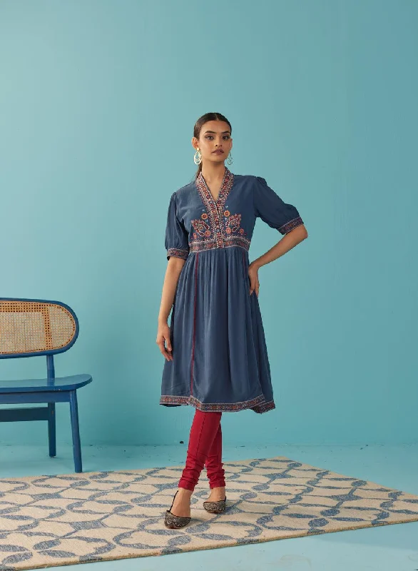 Soft, breathable fabrics for fashionable women Blue A Line Dress with Puffed Sleeve and Stylized Neck Soft, breathable fabrics for fashionable women Blue A Line Dress with Puffed Sleeve and Stylized Neck