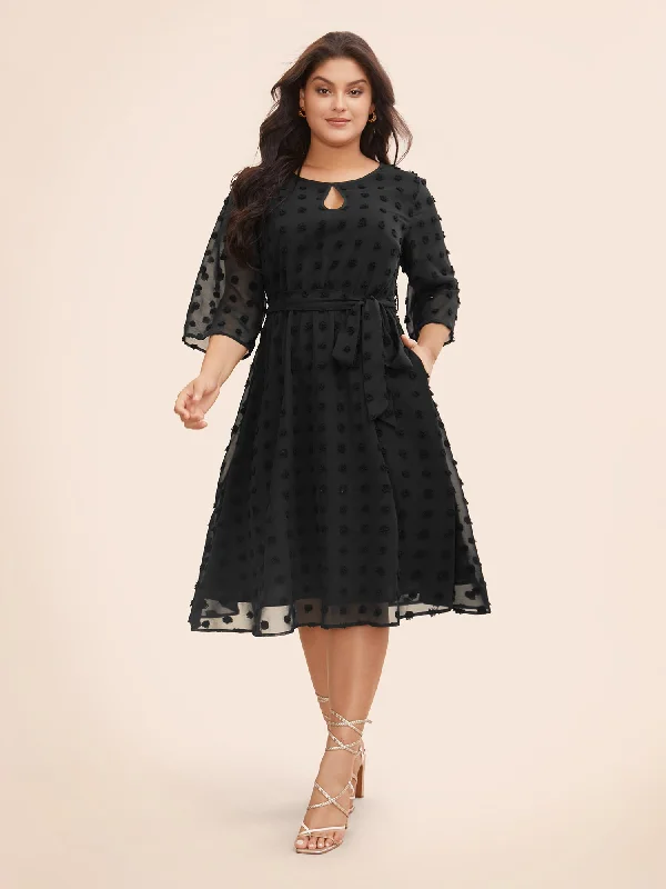 Chiffon Jacquard Patchwork Mesh Keyhole Dress