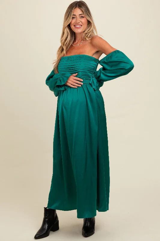 Step into style with our women’s clothing collection   Emerald Green Off Shoulder Satin Pleated Bodice Maternity Maxi Dress