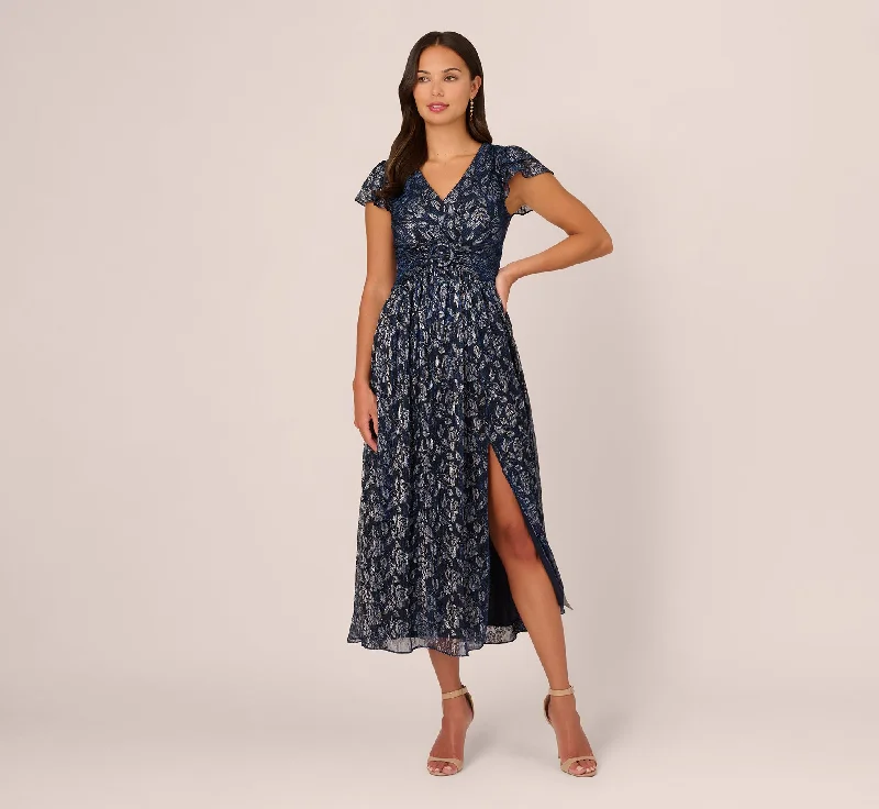 Effortlessly chic fashion for today’s woman   Floral Metallic Crinkle Ankle Length Dress With Flutter Sleeves In Navy Silver