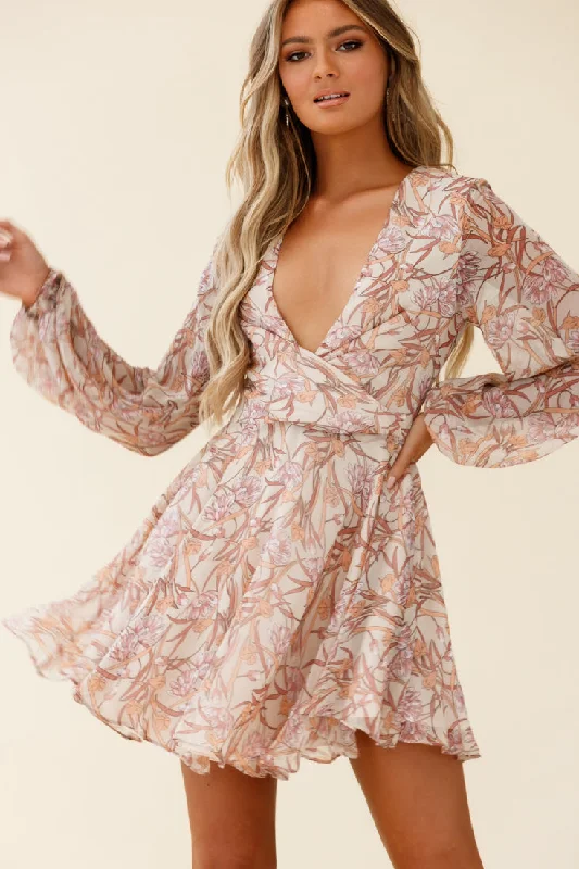 Fashionable clothing that fits every occasion   Jessinta Long Sleeve Pintuck Waist Dress Floral Print Nude