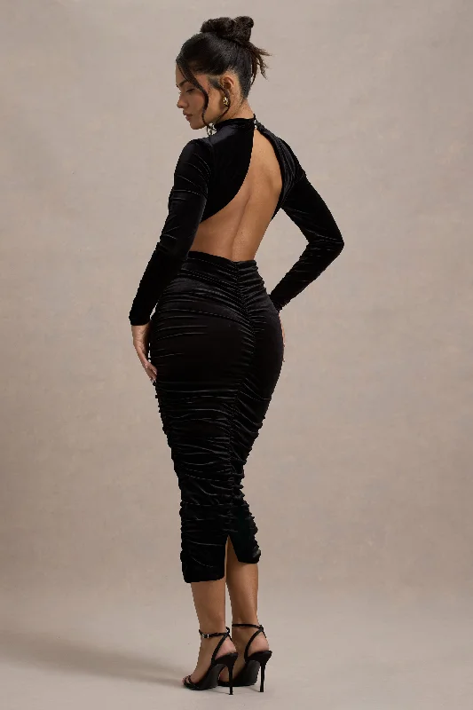 Elegant evening wear for special events   Joanna | Black Velvet High-Neck Backless Midi Dress