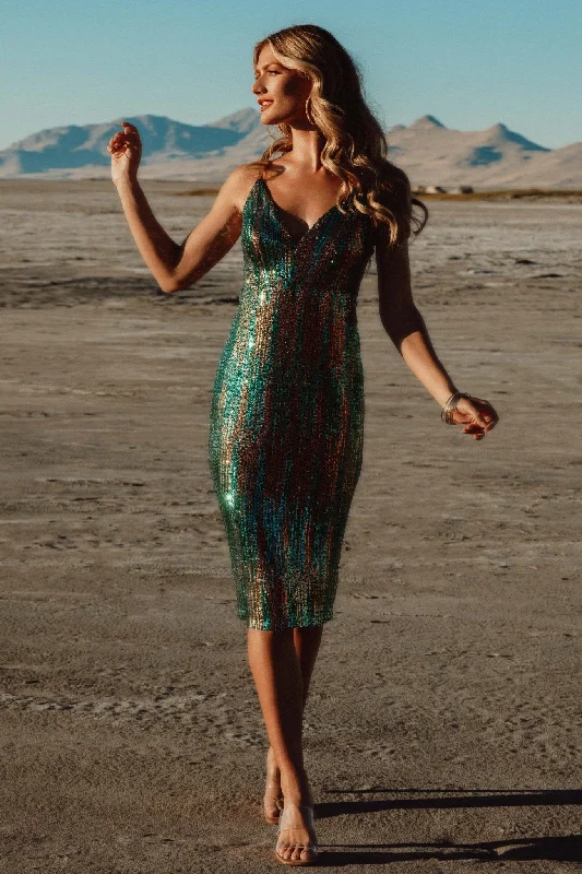 Fashion-forward women’s clothing on a budget   Michelle Sequin Midi Dress | Green Multi