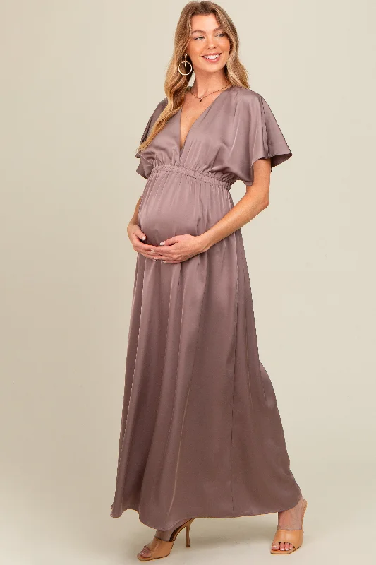 Taupe Satin V-Neck Flutter Short Sleeve Maternity Maxi Dress