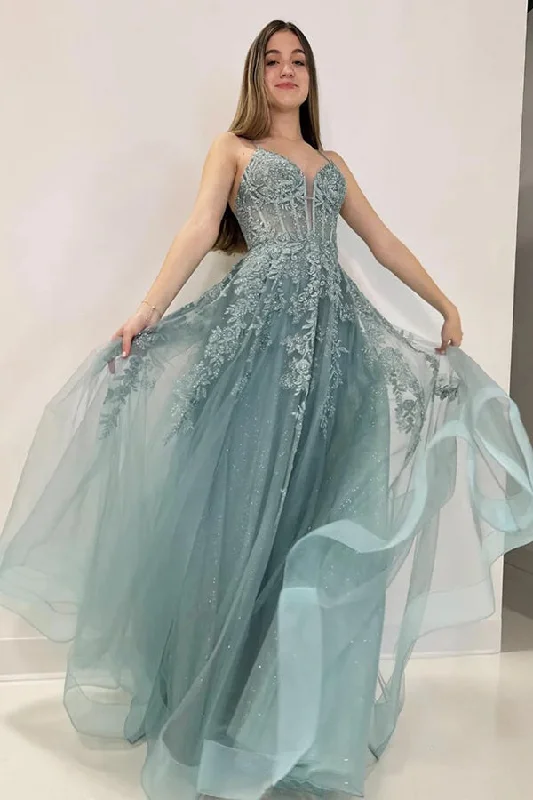 Statement pieces for the confident woman A-Line V Neck Tulle Lace Gray Green Long Prom Dress PSK506 Statement pieces for the confident woman A-Line V Neck Tulle Lace Gray Green Long Prom Dress PSK506