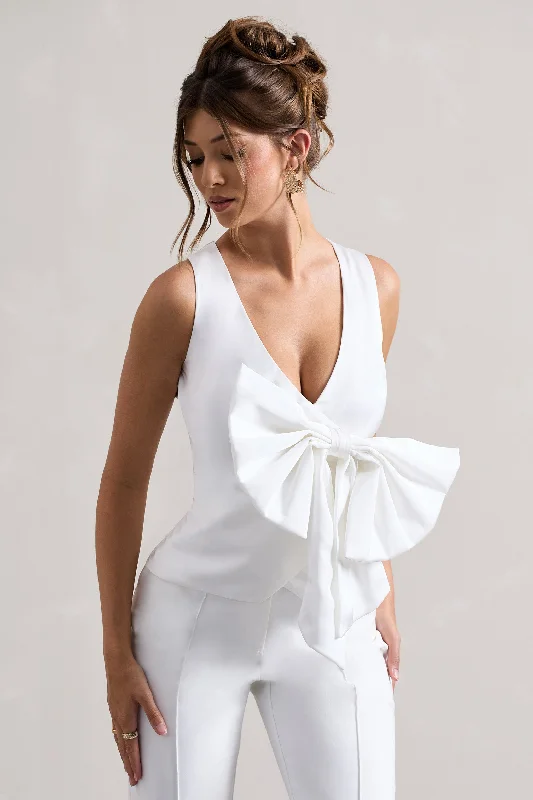 High-quality women’s wear for everyday elegance Adoration | Cream Satin Plunge-Neck Top With Bow High-quality women’s wear for everyday elegance Adoration | Cream Satin Plunge-Neck Top With Bow