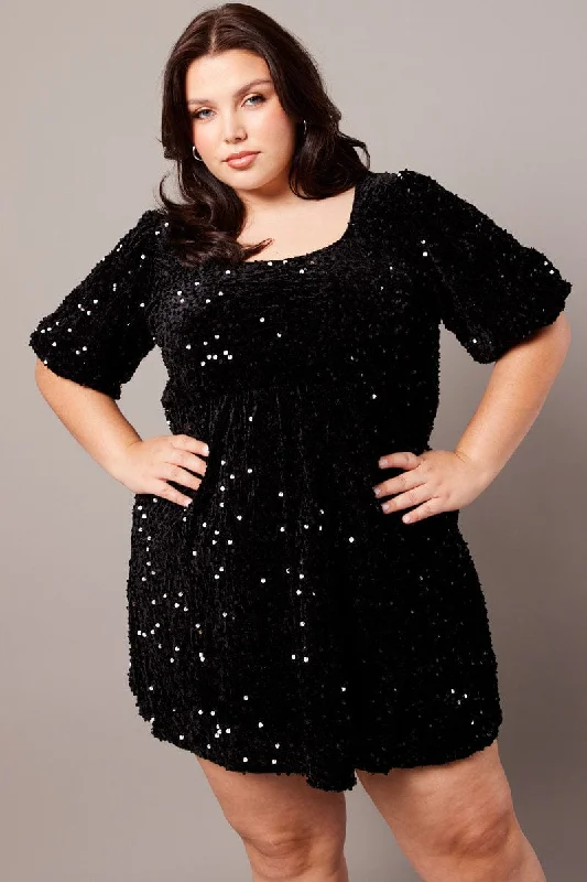 Sporty-chic women’s apparel for active lifestyles   Black Velour Sequin Party Dress