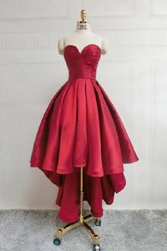 Trendsetting women’s clothing for fashion lovers   Burgundy Sweetheart Satin High Low Homecoming Dresses Short Prom Dress PD303
