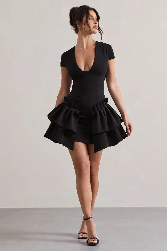 Women’s clothing to inspire confidence and beauty Genevieve | Black Plunge-Neck Mini Dress With Layered Hem Women’s clothing to inspire confidence and beauty Genevieve | Black Plunge-Neck Mini Dress With Layered Hem