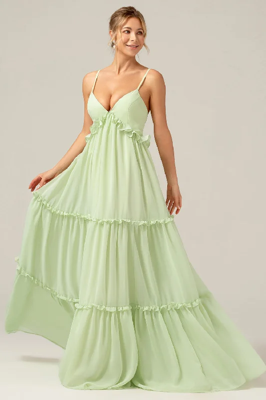 Bold fashion choices for the confident woman Green A Line Ruffles Long Bridesmaid Dress with Lace-up Back Bold fashion choices for the confident woman Green A Line Ruffles Long Bridesmaid Dress with Lace-up Back