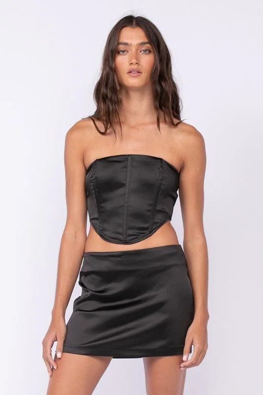 Dress up or down with these versatile pieces Portia Black Satin Corset Mini Dress Set Dress up or down with these versatile pieces Portia Black Satin Corset Mini Dress Set