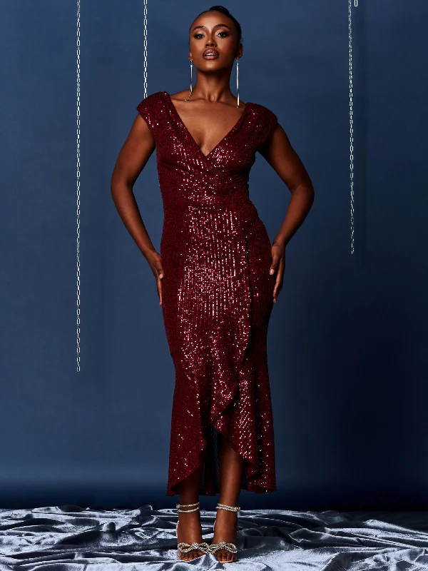 Express your style with fashionable women’s clothing Sequin Wrap Fishtail Maxi Dress, Burgundy Express your style with fashionable women’s clothing Sequin Wrap Fishtail Maxi Dress, Burgundy