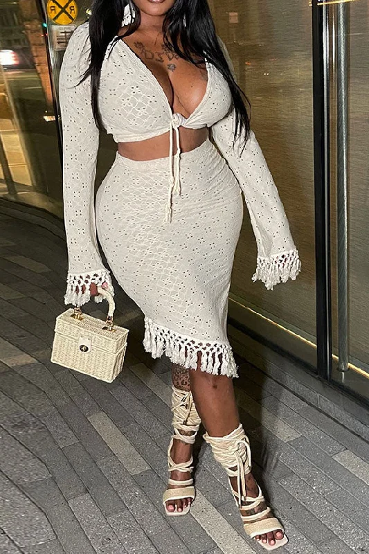 Modern fashion pieces designed for all women Solid Color Jacquard Cutout Boho Tassel Trim Irregular Dress Suit Modern fashion pieces designed for all women Solid Color Jacquard Cutout Boho Tassel Trim Irregular Dress Suit