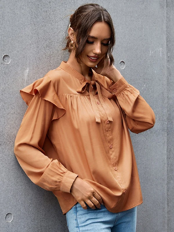 KittenAlarm - Tie Neck Ruffle Hem Blouse