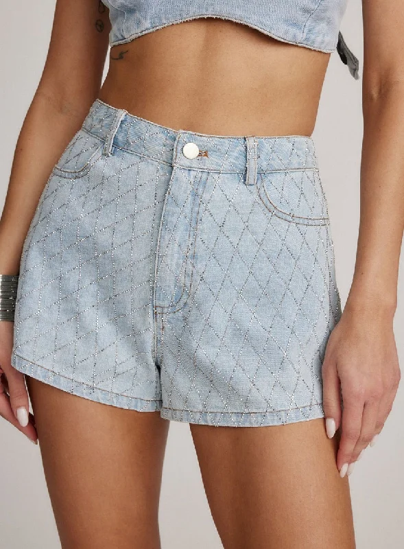 Effortlessly chic outfits for the modern woman   Aris Rhinestone Denim Shorts