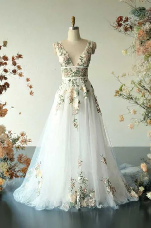 Boho Color Floral Lace Wedding Dress with Dual Waist Band ET3063