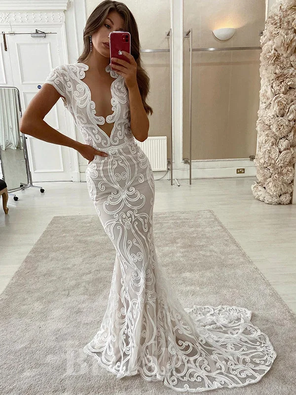 Unique Design Lace Mermaid Fantasy Beach Vintage Long Wedding Dresses WD370