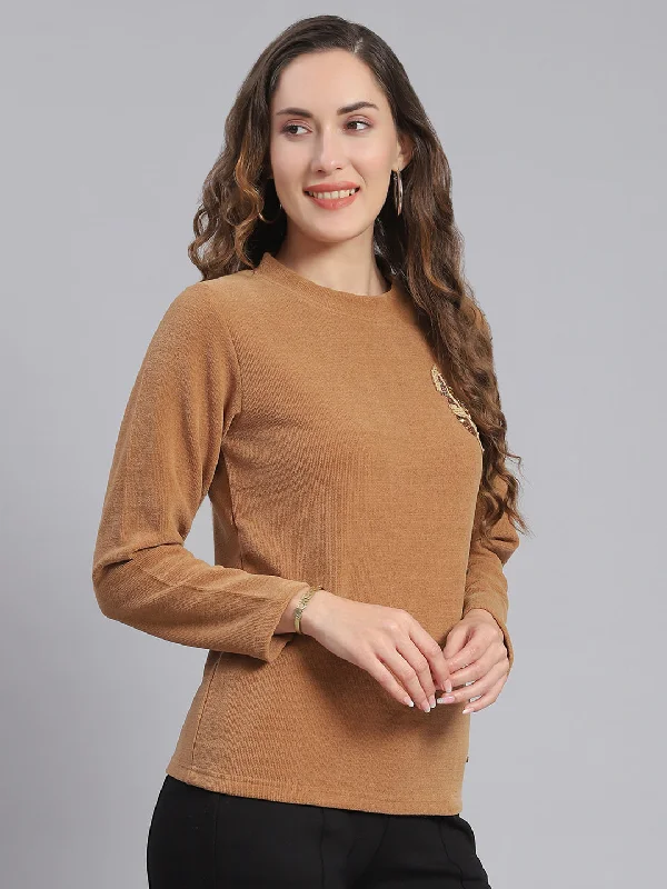 Affordable fashion that looks high-end   Women Brown Embroidered Round Neck Full Sleeve Sweater
