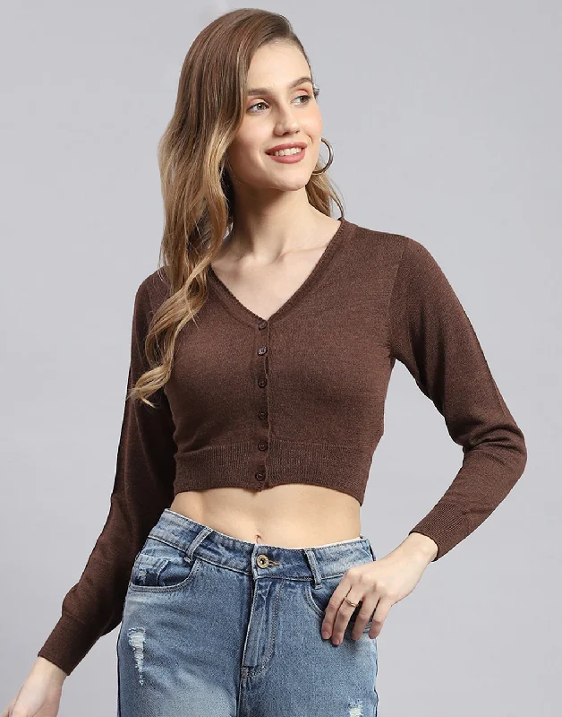 Women Brown Solid V Neck Full Sleeve Sweater