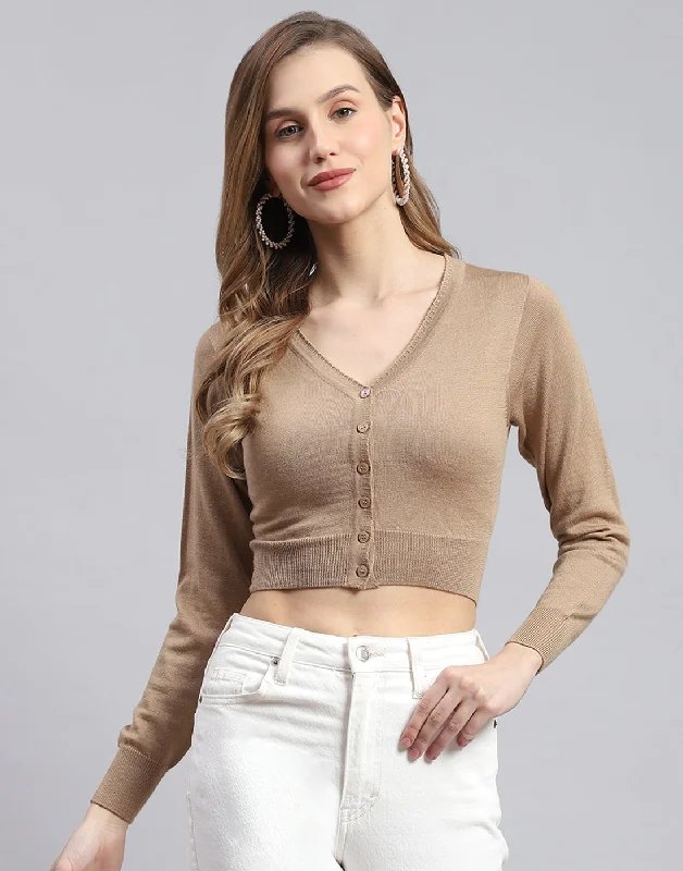 Women Brown Solid V Neck Full Sleeve Sweater