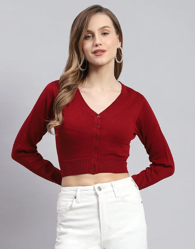 Chic, modern looks for the stylish woman   Women Maroon Solid V Neck Full Sleeve Sweater