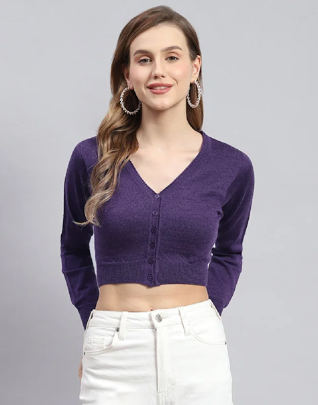 Women Purple Solid V Neck Full Sleeve Sweater