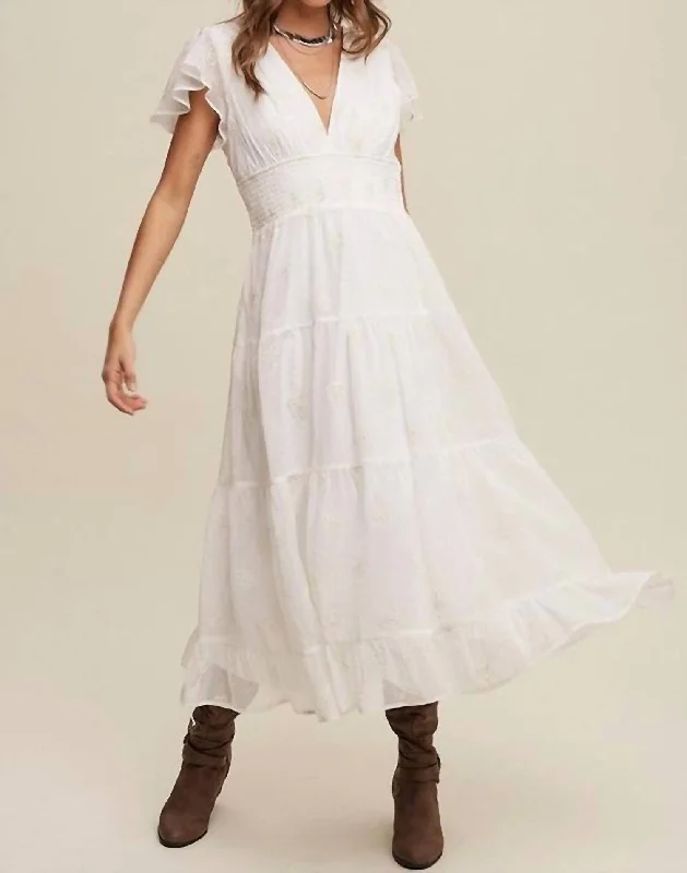 Express your style with fashionable women’s clothing   Caroline Embroidered Flutter Sleeve Maxi Dress In White