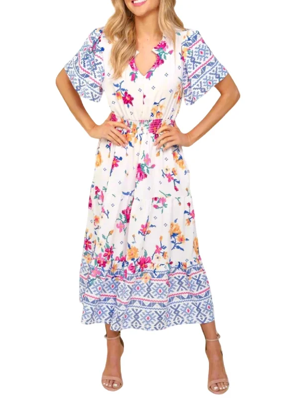 Stylish plus-size clothing for women   Floral Fit And Flare Maxi Dress In Ivory/blue