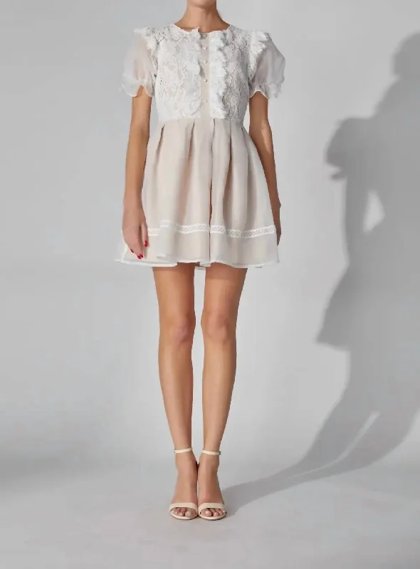 Sleek and sophisticated fashion for modern women   Puff Sleeve Lace Mini Dress In White/beige