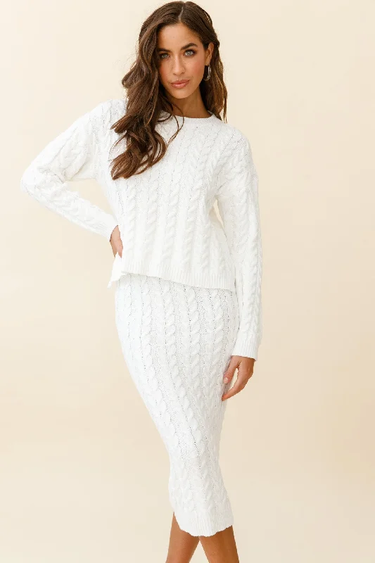 Cozy Up Cable Knit Midi Skirt White