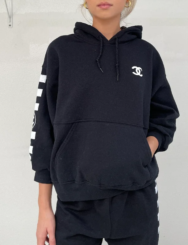 Fashionable, yet affordable women’s apparel   Hooded Puff Shorty Chanel Checkerboard Sweatshirt, Black/White