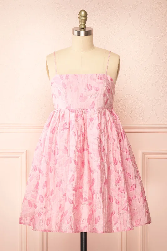 Soft, breathable fabrics for fashionable women Jessamine | Short Pink Babydoll Dress w/ Leaf Pattern Soft, breathable fabrics for fashionable women Jessamine | Short Pink Babydoll Dress w/ Leaf Pattern