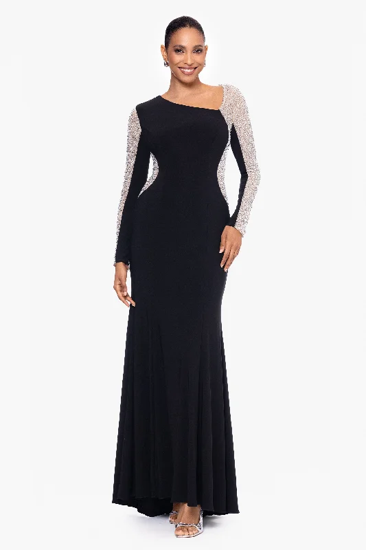 "Anja" Long Jersey Knit Asymmetric Caviar Beaded Dress