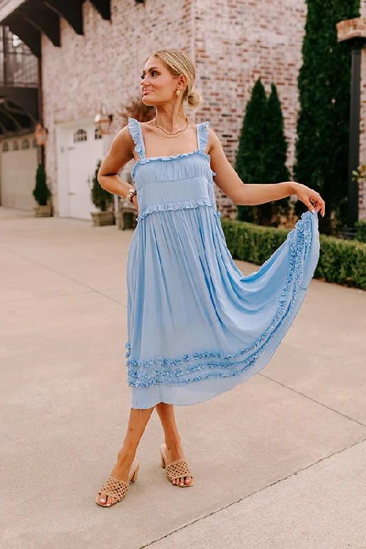 Feminine and fashionable clothing for every wardrobe Bayside Bliss Ruffle Midi in Sky Blue Feminine and fashionable clothing for every wardrobe Bayside Bliss Ruffle Midi in Sky Blue