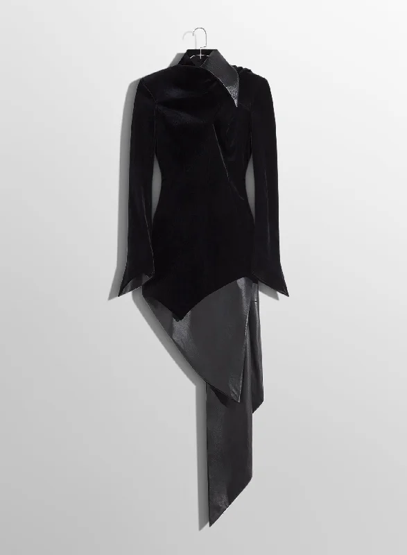 black asymmetrical velvet dress with leather collar