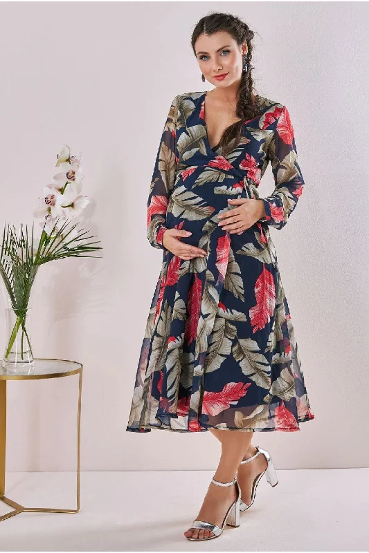 High-fashion styles at affordable prices   Goddiva Maternity Printed Wrap Midi Navy