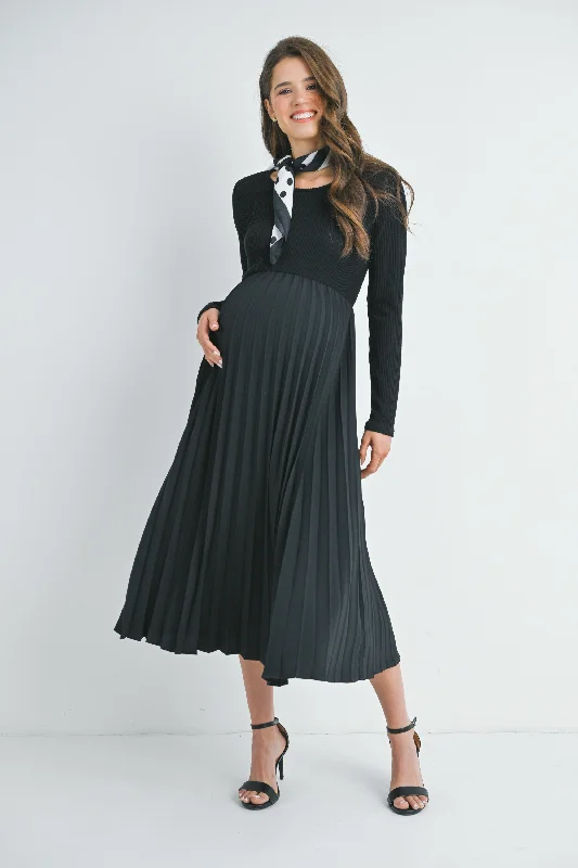 Long Sleeve Pleated Skirt Maternity Dress