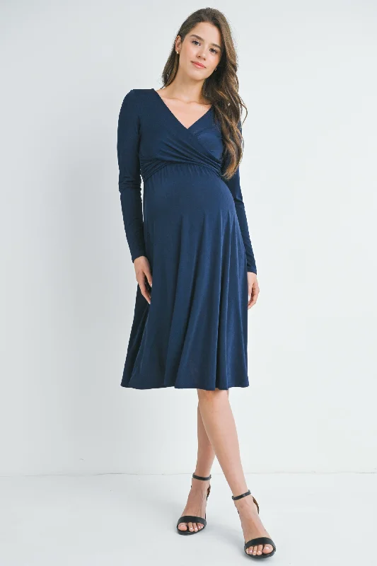 Long Sleeve V Neck Wrap Nursing Friendly Maternity Dress