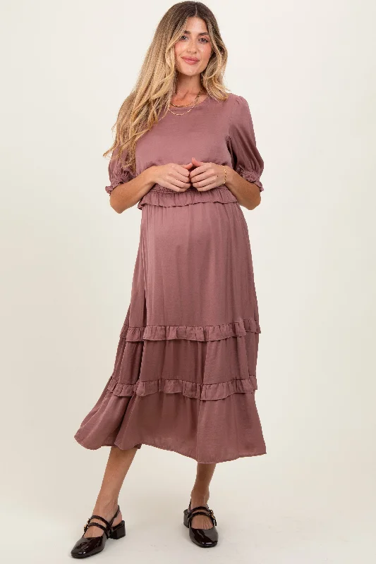 Chic for every occasion and style   Mauve Satin Ruffle Trim Maternity Midi Dress