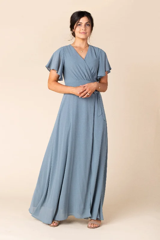 Fashionable clothing that fits every occasion Naples Flutter Sleeve Wrap Maxi - Dusty Blue Fashionable clothing that fits every occasion Naples Flutter Sleeve Wrap Maxi - Dusty Blue