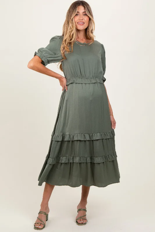 Fashionable clothing to fit every body type Olive Satin Ruffle Trim Maternity Midi Dress Fashionable clothing to fit every body type Olive Satin Ruffle Trim Maternity Midi Dress