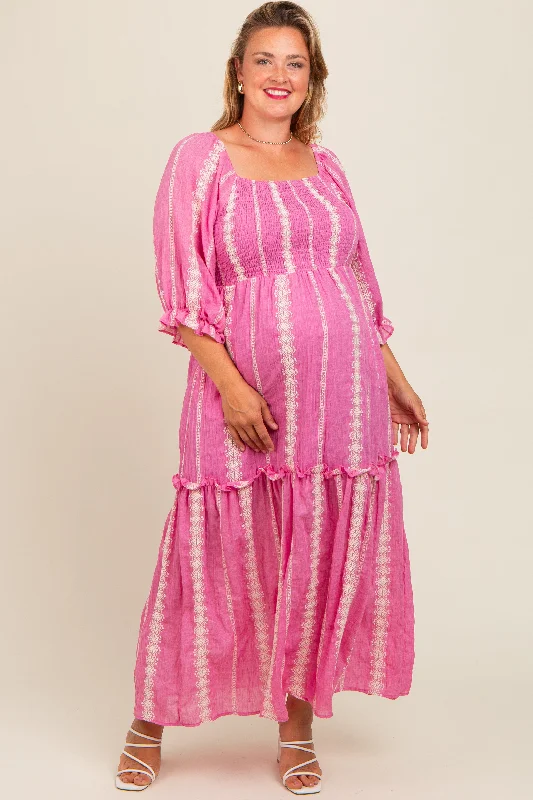 Sleek and sophisticated fashion for modern women Pink Embroidered Detail Smocked Top Plus Maternity Maxi Dress Sleek and sophisticated fashion for modern women Pink Embroidered Detail Smocked Top Plus Maternity Maxi Dress