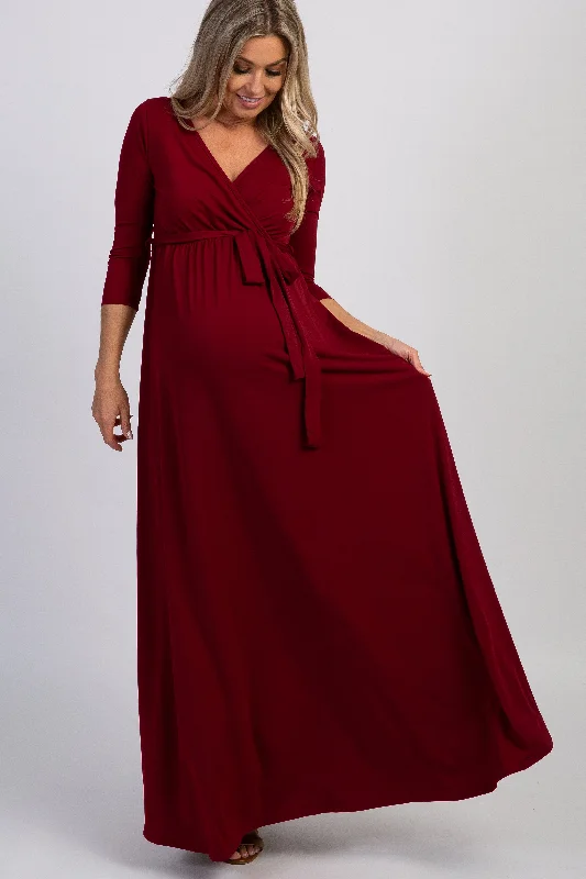 PinkBlush Burgundy Draped 3/4 Sleeve Maternity Maxi Dress