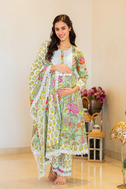 Sage Green Floral Maternity & Nursing Kurta + Bump Band Bottom + Dupatta (3 Pc) (100% Cotton)