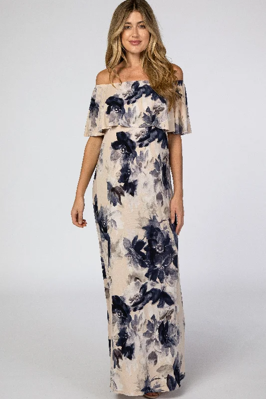 Trendy women’s clothing for every season Taupe Navy Floral Off Shoulder Maternity Maxi Dress Trendy women’s clothing for every season Taupe Navy Floral Off Shoulder Maternity Maxi Dress