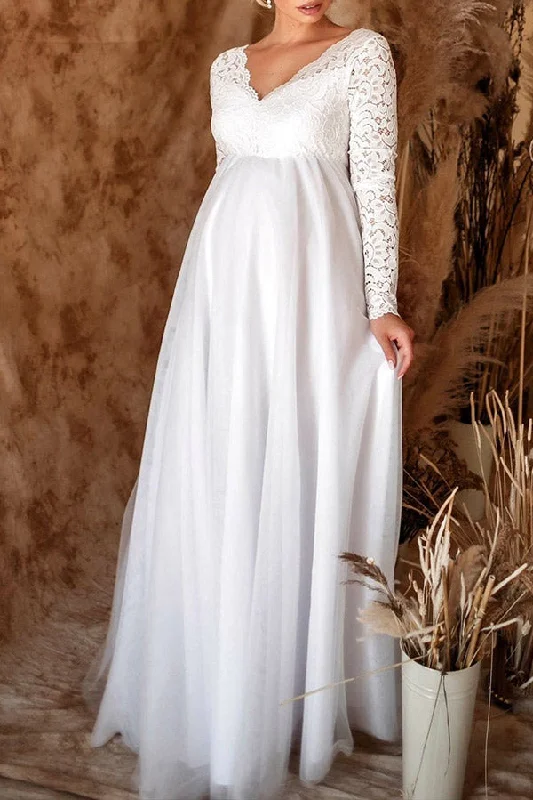 White Lace V-neck long Sleeves Maternity Photoshoot Dress