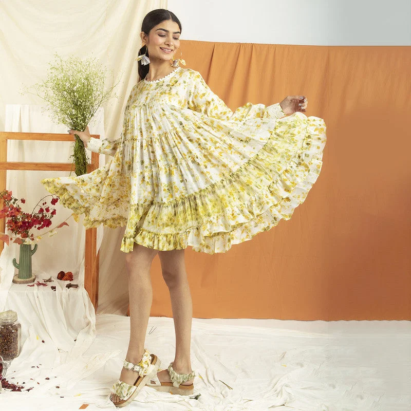 Trendy women’s clothing for every season Chanderi Silk A-Line Dress | Yellow & White Trendy women’s clothing for every season Chanderi Silk A-Line Dress | Yellow & White