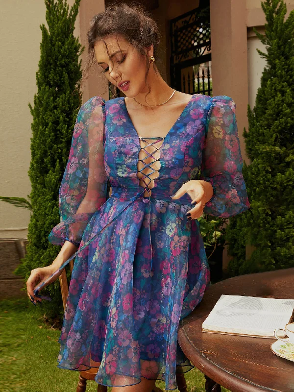 Feminine silhouettes for the modern woman Floral Lace-Up Mesh Balloon Sleeve A-Line Dress Feminine silhouettes for the modern woman Floral Lace-Up Mesh Balloon Sleeve A-Line Dress
